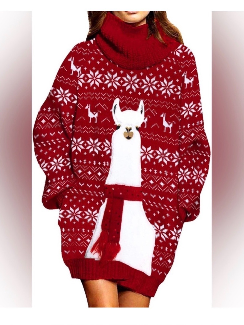 Women’s Holiday Christmas Llama Red/White Sweater Dress - Size Medium